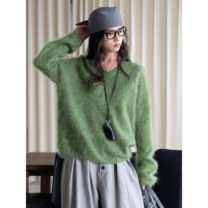 Women's Soft Fluffy V-Neck Sweater with Loose Silhouette Mune Fashion