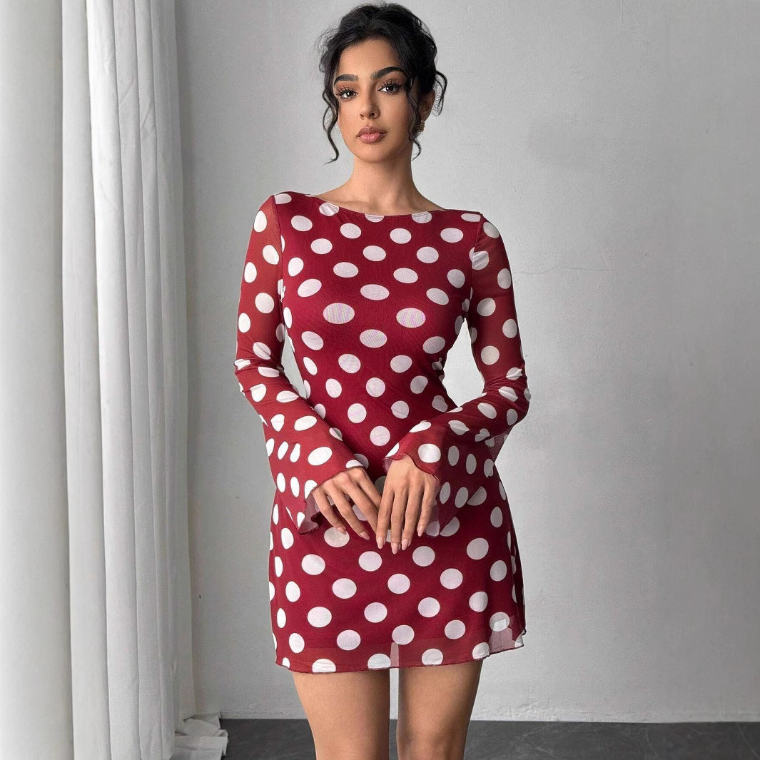 Women's figure-hugging transparent mesh mini dress with deep back neckline and polka dot pattern Mune Fashion