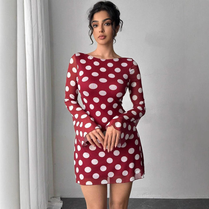 Women's figure-hugging transparent mesh mini dress with deep back neckline and polka dot pattern Mune Fashion