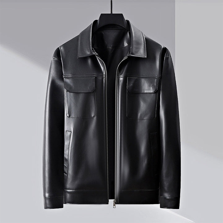 Men's minimalist faux leather jacket with full zip and patch chest pockets Mune Fashion