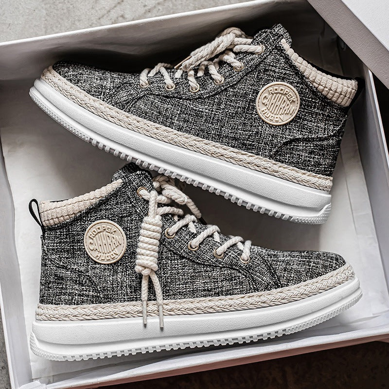 Women's high casual sneakers with mottled textile upper material, braided jute decorative edge, and cushioned platform sole Mune Fashion