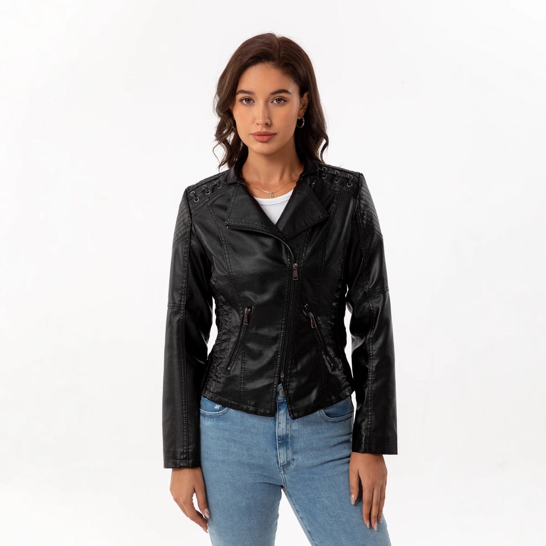 Ladies tailored faux leather biker jacket with quilted shoulder section, asymmetrical zipper and decorative eyelets Mune Fashion