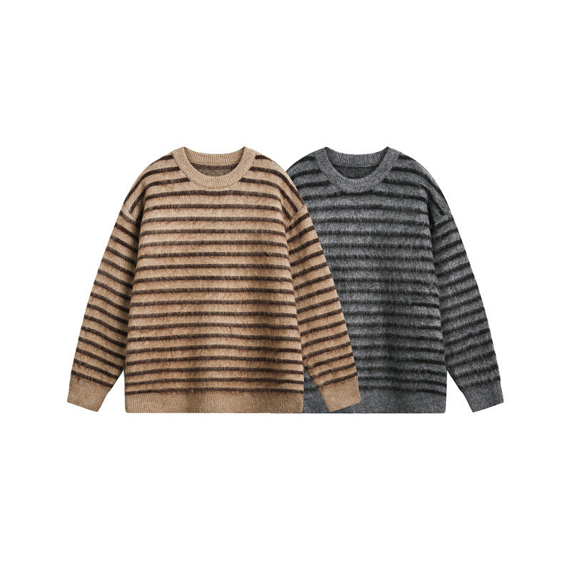 Unisex Oversize Striped Fluffy Sweater with Round Neck