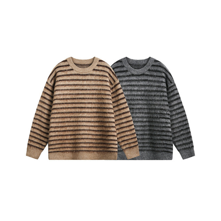 Unisex Oversize Striped Fluffy Sweater with Round Neck