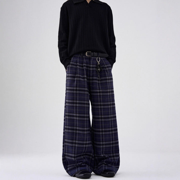 Women Casual Wide Leg Trousers in Check Pattern Mune Fashion