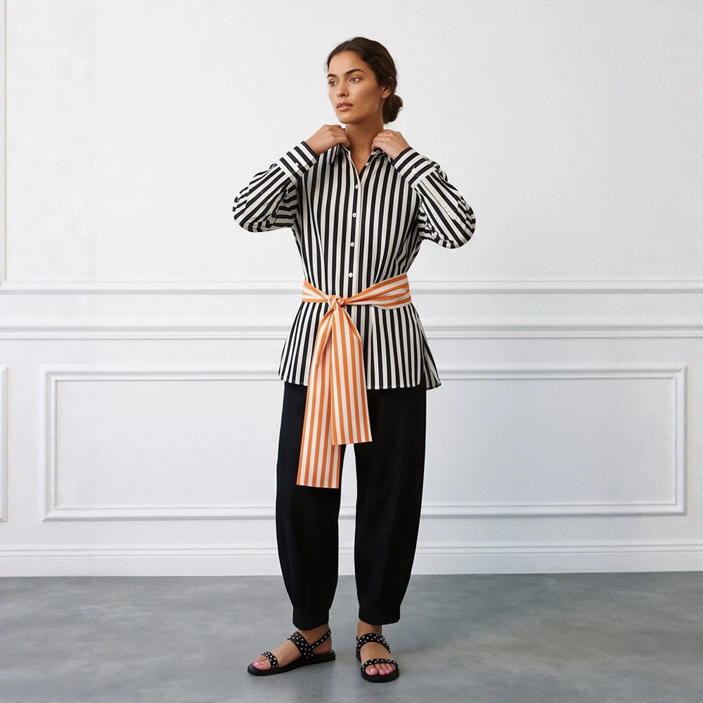 Women Vertical Striped Oversize Shirt Blouse with Boxy Silhouette and Tie Belt Mune Fashion