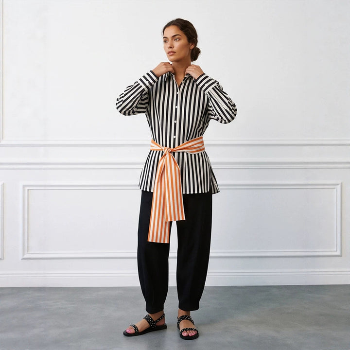 Women Vertical Striped Oversize Shirt Blouse with Boxy Silhouette and Tie Belt Mune Fashion