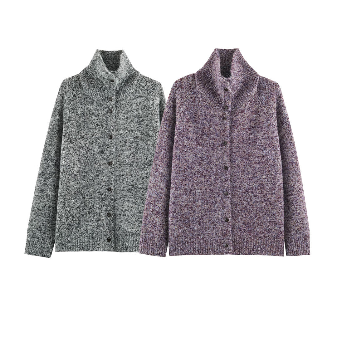Women's Chunky Knit Cardigan with High Roll Neck and Continuous Button Placket Mune Fashion