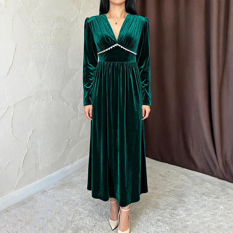 Women Elegant Maxi Dress with V-Neck and Ruffles Mune Fashion