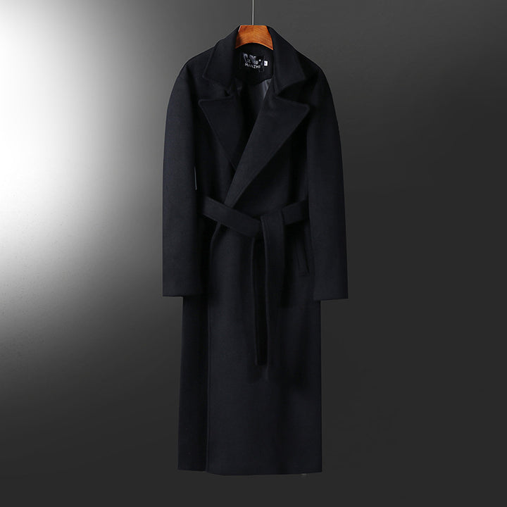 Men's extra long tailored wool blend coat with tie belt and wide shawl collar Mune Fashion
