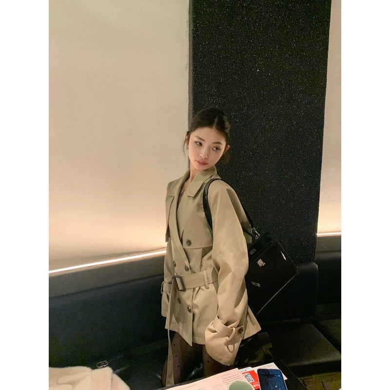 Women's Short Fitted Trench Coat Blazer with Double-Breasted and Waist Belt Mune Fashion
