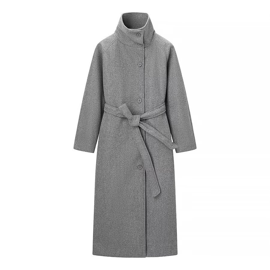 Ladies long coat with tie belt and high stand-up collar made of wool mix Mune Fashion