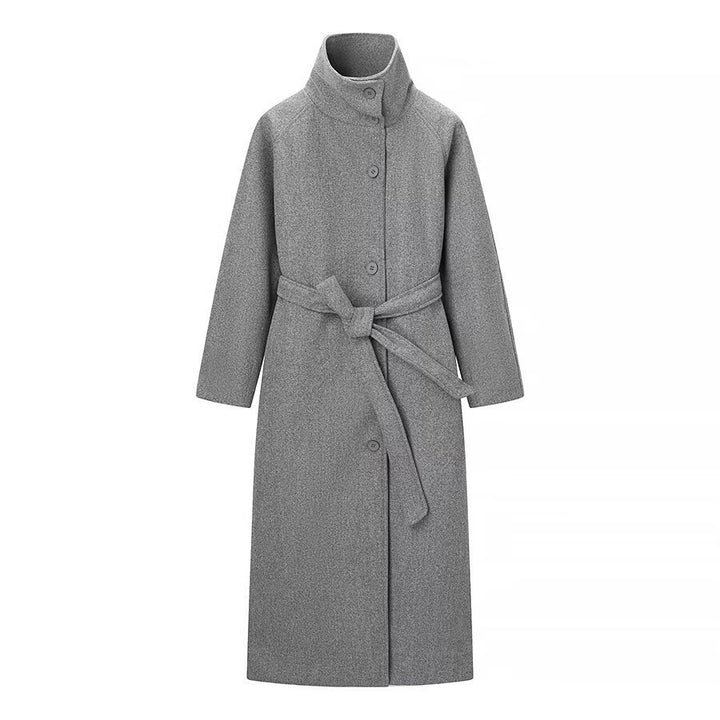Ladies long coat with tie belt and high stand-up collar made of wool mix Mune Fashion