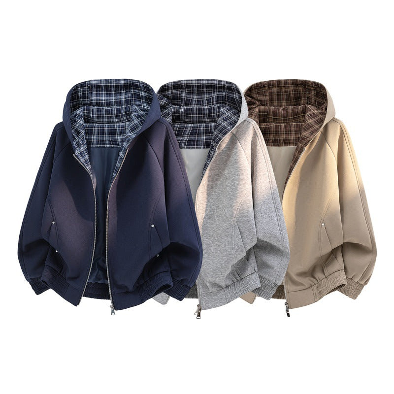 Women's casual sweat bomber with quilted check lining in hood and elastic hem Mune Fashion