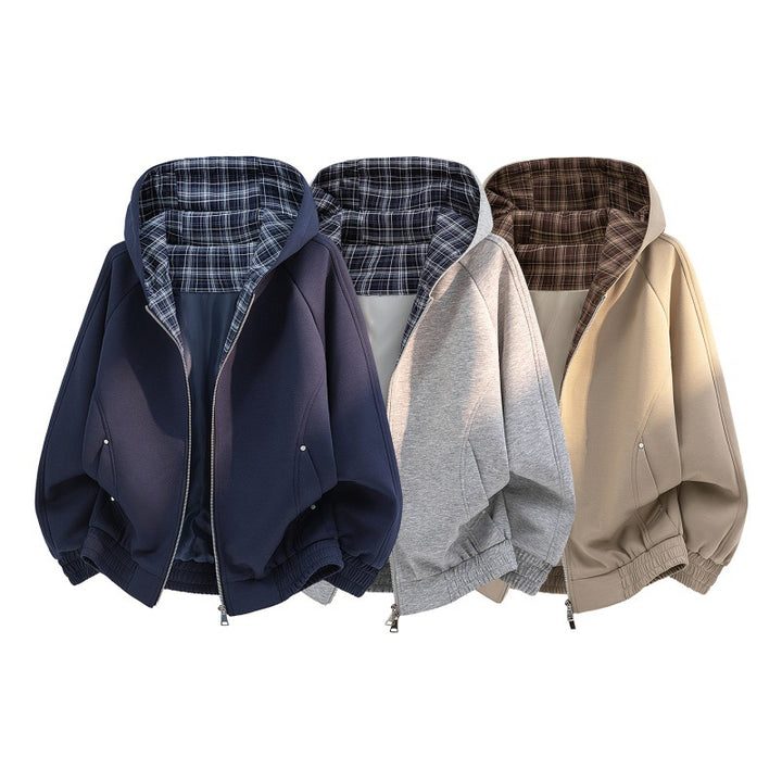 Women's casual sweat bomber with quilted check lining in hood and elastic hem Mune Fashion