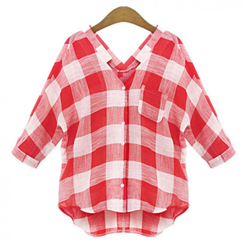 Women's loose checkered shirt blouse top with V-neck, 3/4 sleeves and high-low hem Mune Fashion