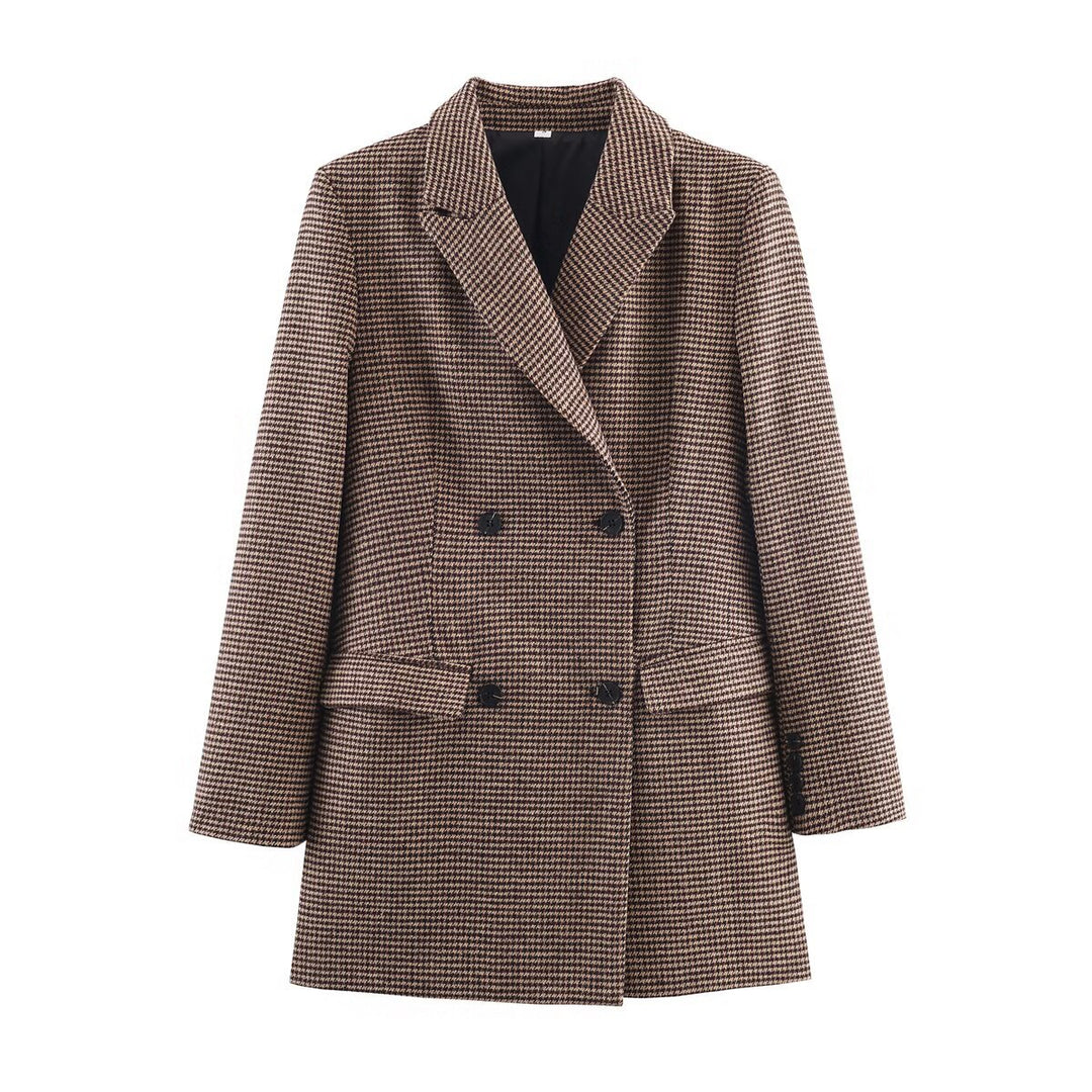 Women's Double-Breasted Houndstooth Blazer with Oversized Cut and Lapel Collar Mune Fashion