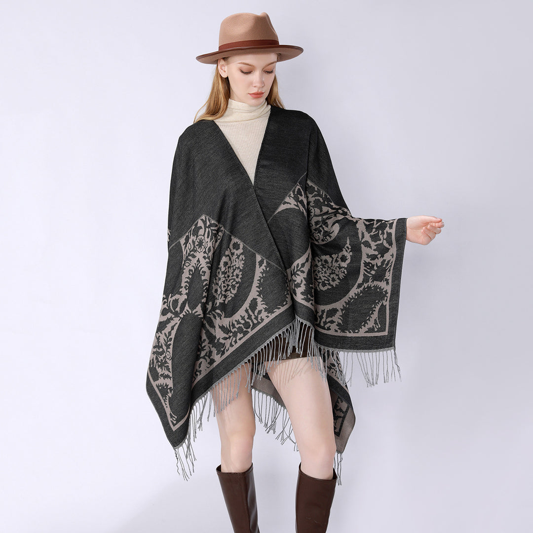 Women's Oversize Cloak Poncho with Floral Medallion Jacquard and Fringe Hem Mune Fashion