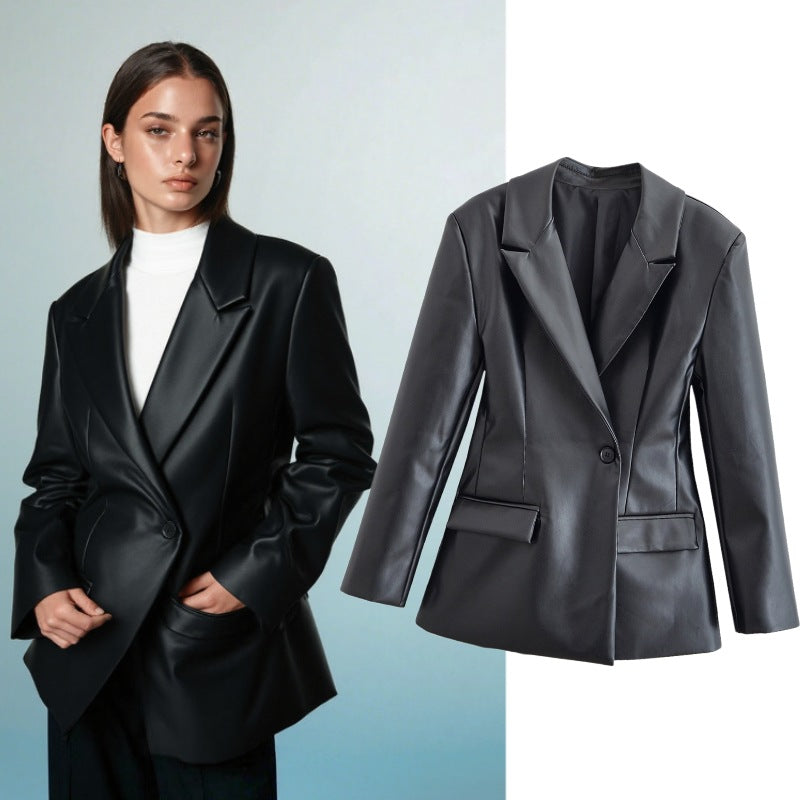 Women's Tailored Longline Faux Leather Blazer with Single Button Closure and Flap Pockets Mune Fashion