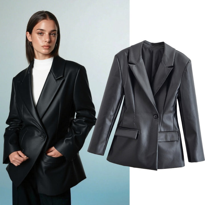 Women's Tailored Longline Faux Leather Blazer with Single Button Closure and Flap Pockets Mune Fashion