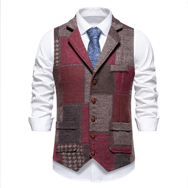 Men's nan Patchwork Vest with Notched Lapel Button Placket and Patch Pockets Mune Fashion