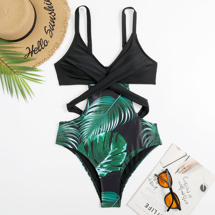 Women's one-piece swimsuit with fashionable cut-out and tropical leaf pattern Mune Fashion