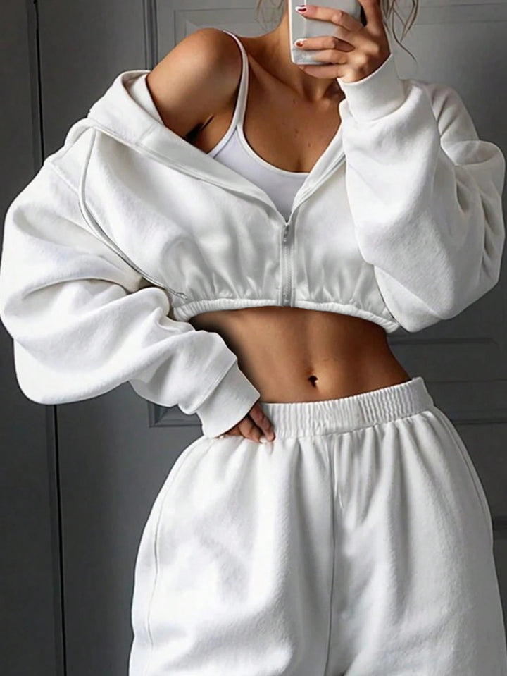 Ladies nan short zip hoodie cropped sweatshirt with drawstring, attached balloon sleeves and elastic hem Mune Fashion