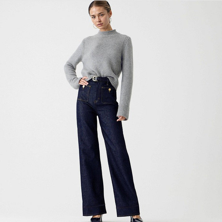 Women's nan High-Waist Wide-Leg Jeans with patch front pockets and wide leg Mune Fashion