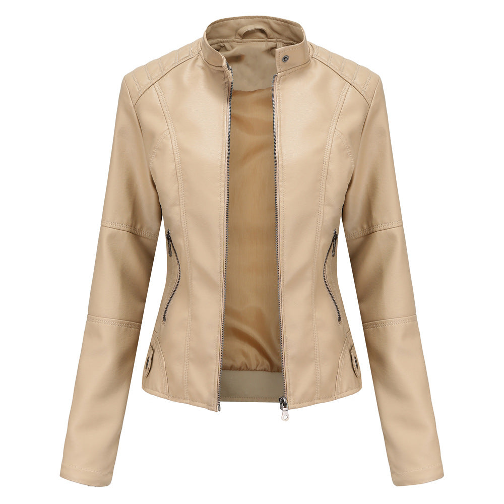Women in slim faux leather biker jacket with stand-up collar and shaping darts Mune Fashion