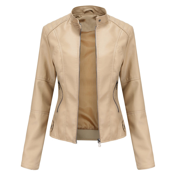 Women in slim faux leather biker jacket with stand-up collar and shaping darts Mune Fashion