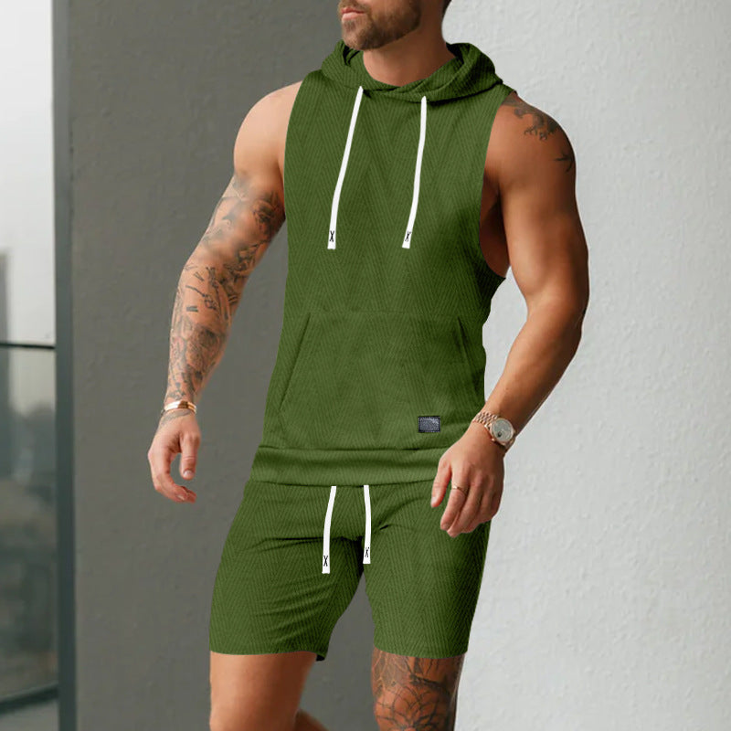 Men's sleeveless hoodie vest set made of textured cotton blend with kangaroo pocket and drawstring shorts Mune Fashion
