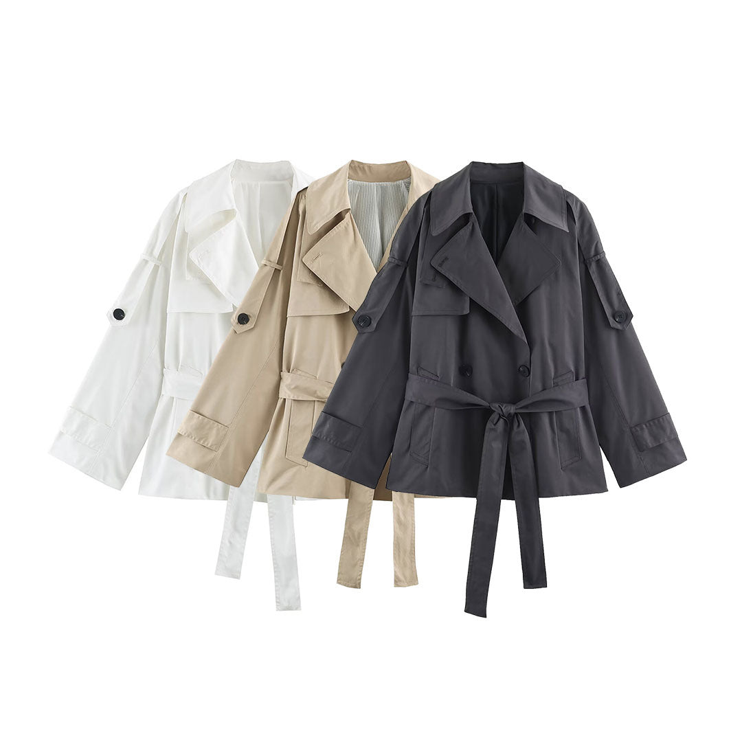 Women's short lightweight trench coat with tie belt, dropped shoulders and double button placket Mune Fashion
