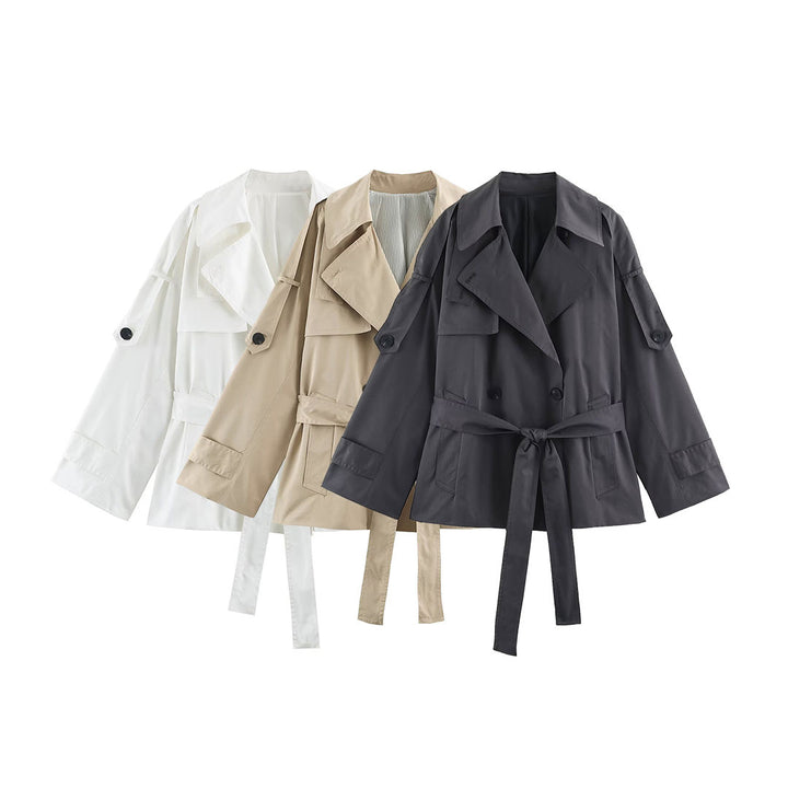 Women's short lightweight trench coat with tie belt, dropped shoulders and double button placket Mune Fashion