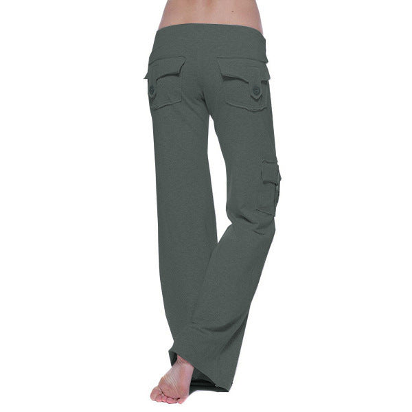 Women's casual low-rise cargo lounge pants with wide leg, wide comfort waistband, and decorative flap pockets Mune Fashion