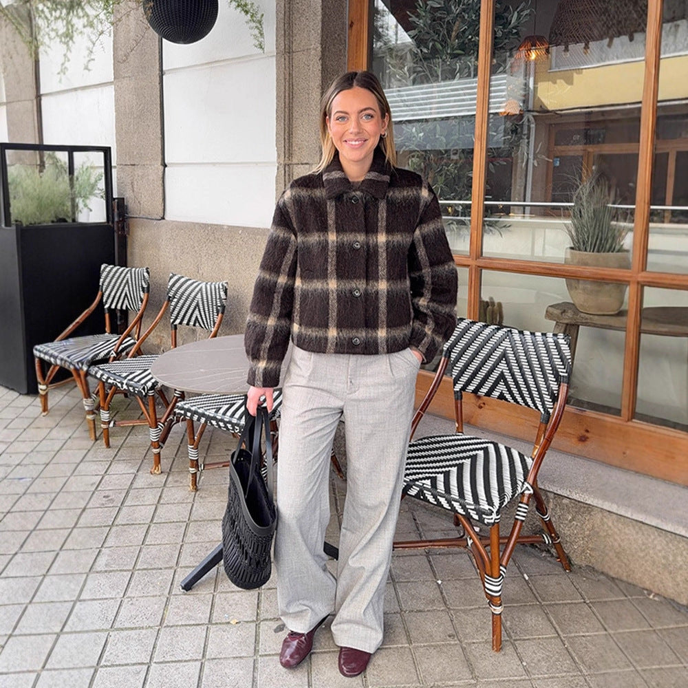 Women's short jacket in checked faux fur boxy cut with shawl collar Mune Fashion