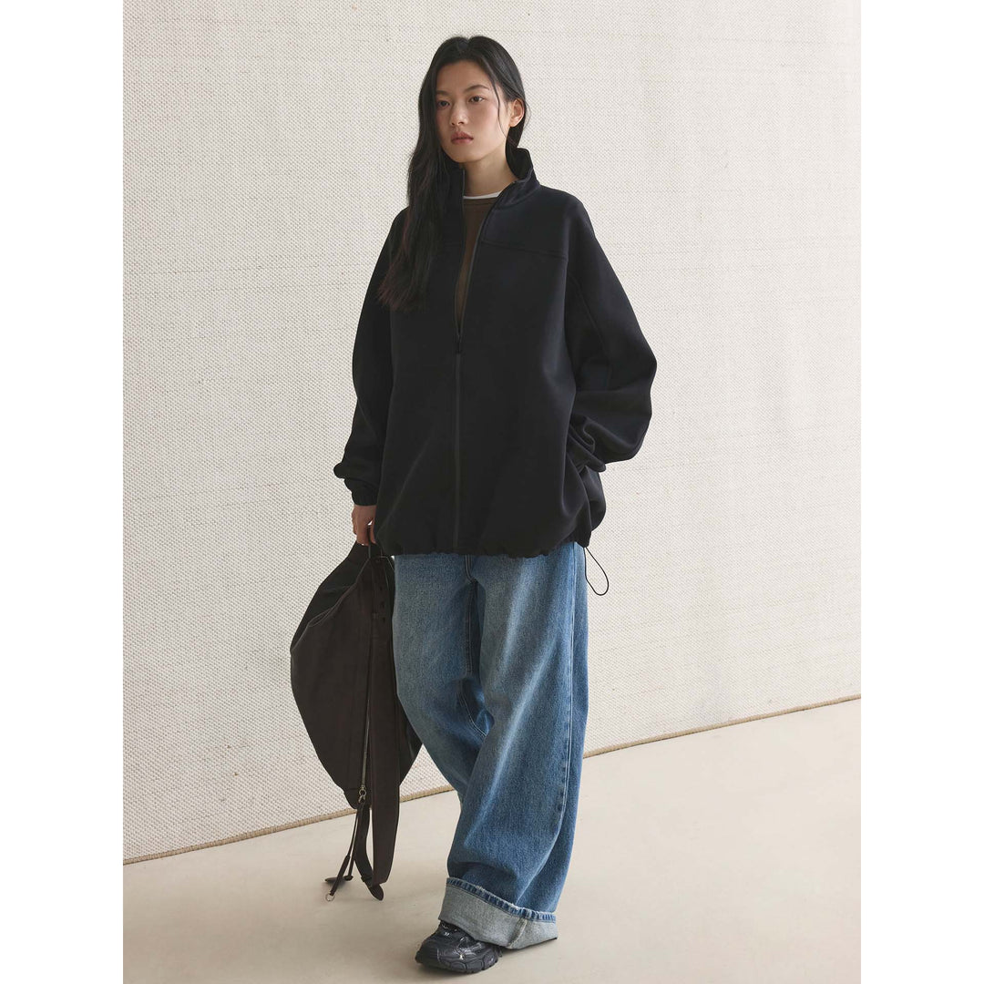 Women Oversize Zip Sweat Jacket with Stand Collar and Balloon Sleeves Mune Fashion
