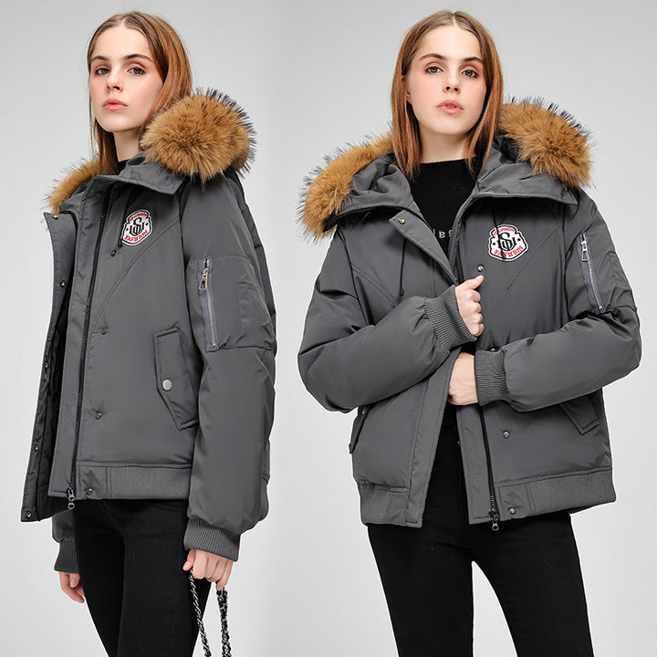 Women's short bomber-style parka jacket with removable fur hood and logo patch Mune Fashion