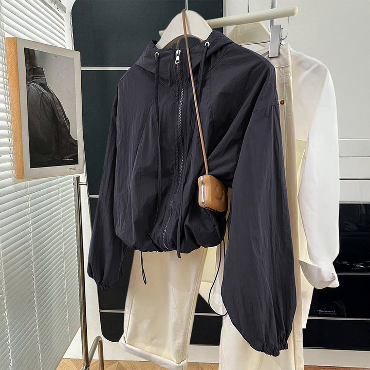 Women's lightweight hooded transitional jacket with drawstring cuffs and balloon sleeves Mune Fashion