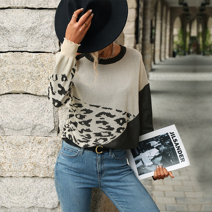Women's Colorblock Knitted Sweater with Leopard Print and Round Neck Mune Fashion