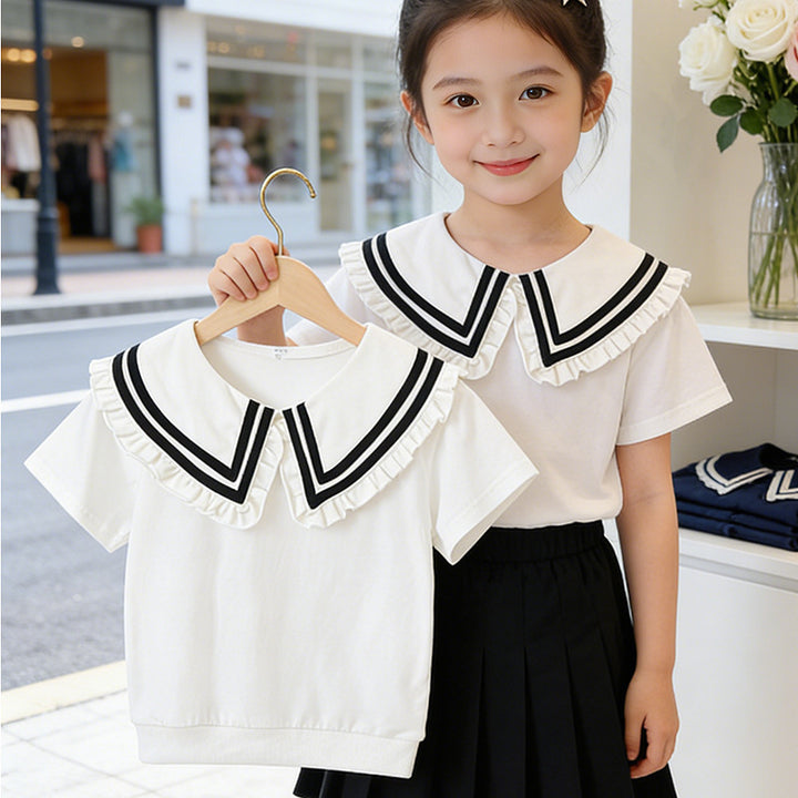 Girls T-shirt with elegant ruffled collar and maritime stripes Mune Fashion