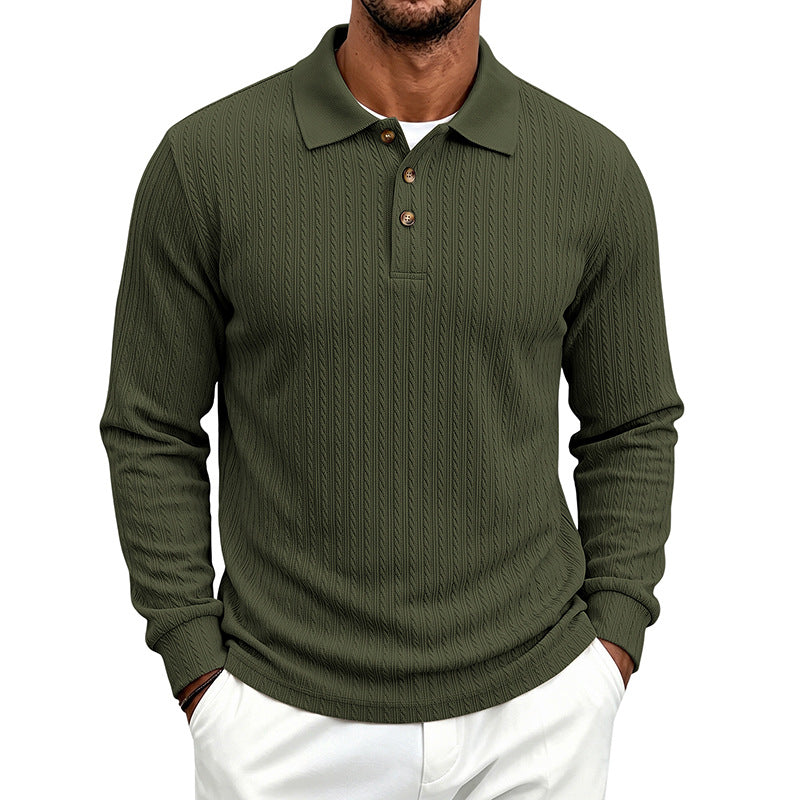Men's Structured Long Sleeve Polo in Fine Knit with Cable Pattern and Button Placket Mune Fashion
