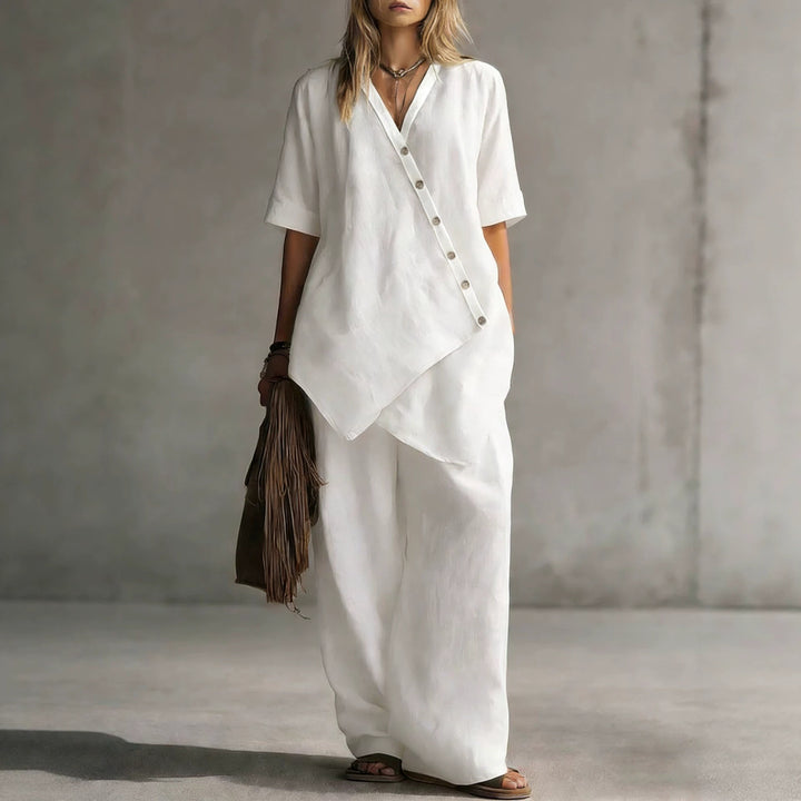 Women's linen two-piece set with asymmetric button placket and wide palazzo pants Drune
