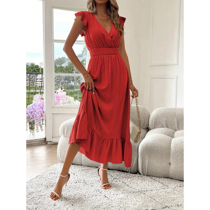 Women's Maxi Dress with Voluminous Ruffled Sleeves and Elegant Waist Mune Fashion