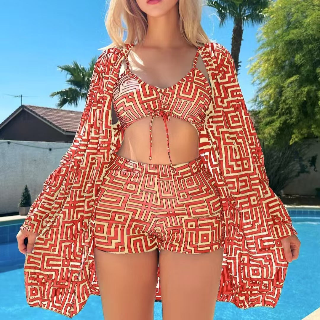 Women's stylish bikini set with geometric patterns and transparent beach jacket Mune Fashion