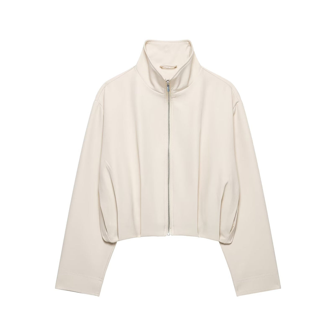 Women's Cropped Boxy Jacket with High Stand Collar and Continuous Zipper Mune Fashion