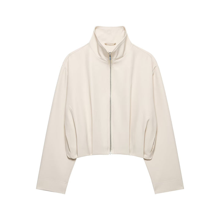Women's Cropped Boxy Jacket with High Stand Collar and Continuous Zipper Mune Fashion