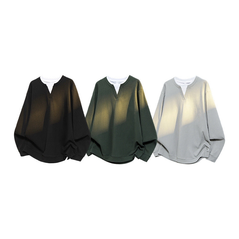 Men's Oversized Waffle Structure Long Sleeve Shirt with V Insert and Layering Look Mune Fashion