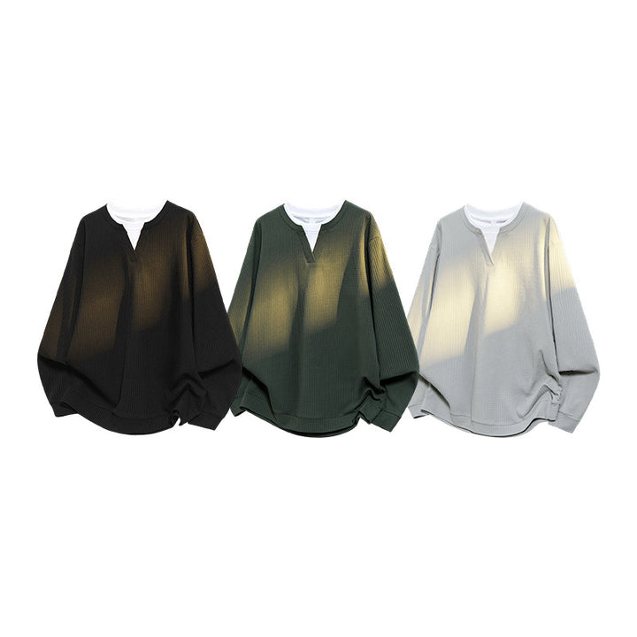 Men's Oversized Waffle Structure Long Sleeve Shirt with V Insert and Layering Look Mune Fashion
