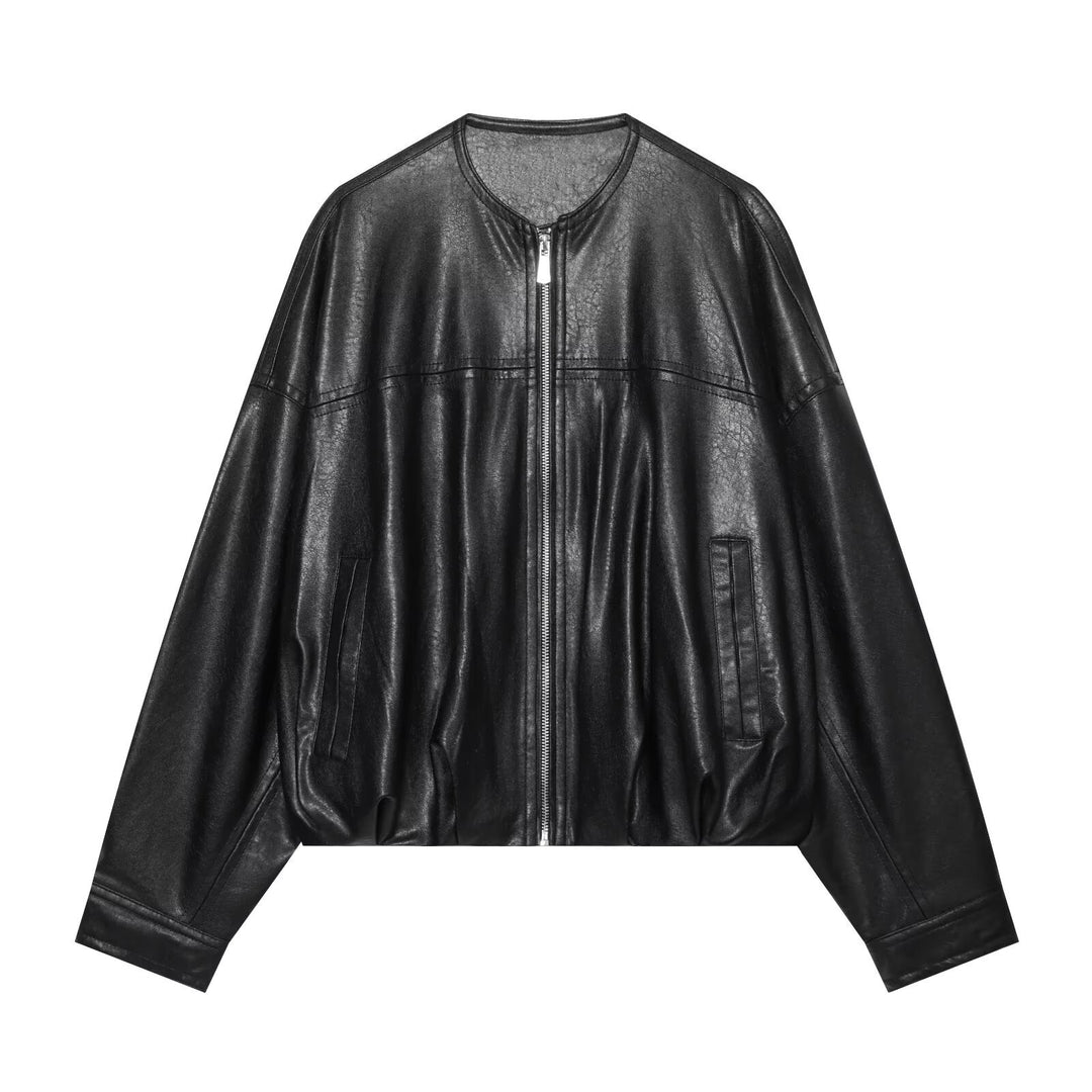 Women's Oversized Faux Leather Bomber Jacket with Round Neck, Dropped Shoulder and Elastic Hem Mune Fashion