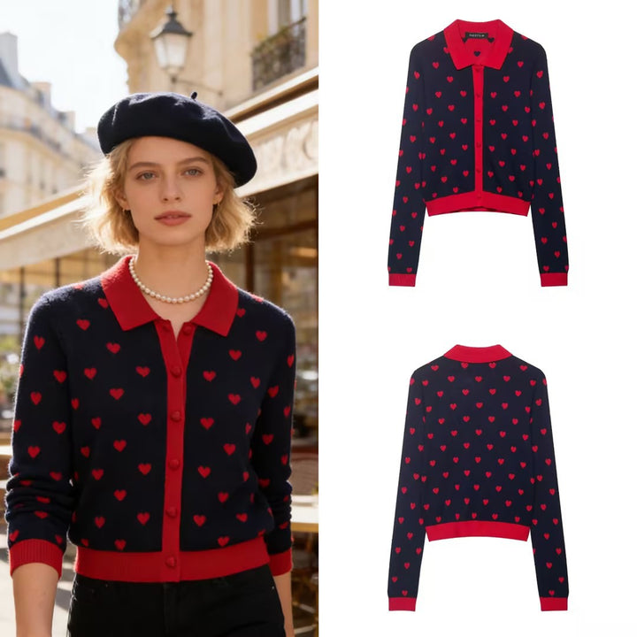 Women Short-Cut Cardigan with Shirt Collar, Heart Jacquard and Button Placket Mune Fashion